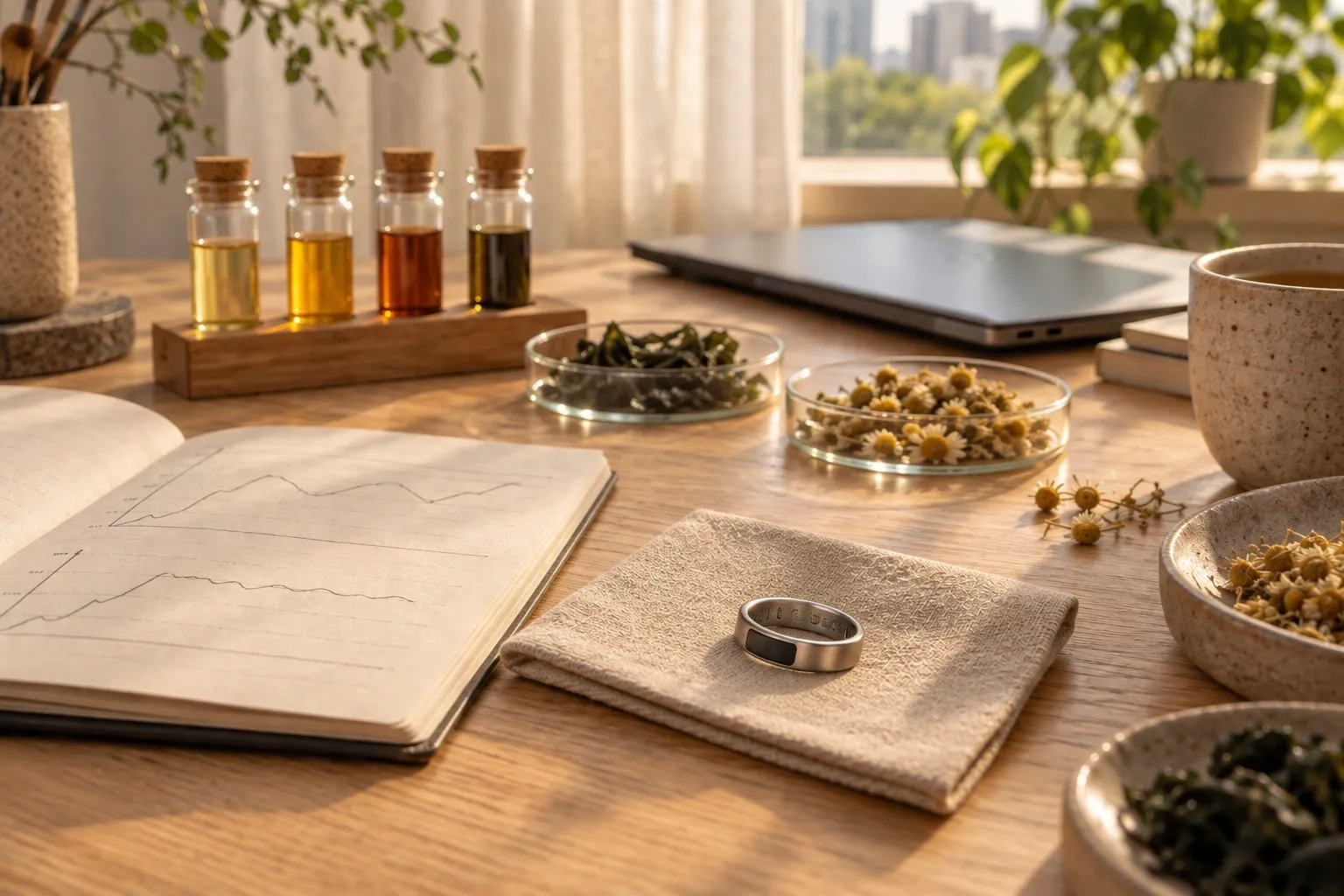 A research table with a smart ring on linen, a notebook with line graphs, botanical extract vials and dried herbs