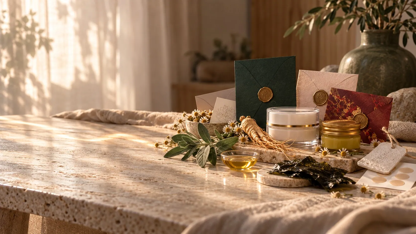 A morning ritual table in warm sunlight: the herbal balm, sealed card envelopes and the aroma patches among sage, chamomile, ginseng and seaweed