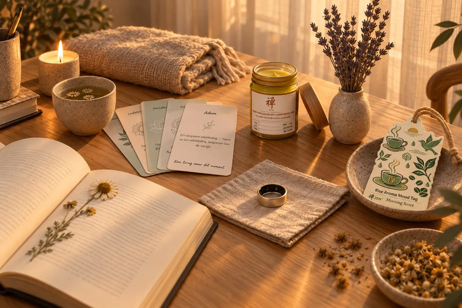 The same table as an evening ritual: the Zen Herbal Balm, Mindful Cards, an Aroma Mood Tag, a book, a candle and tea in warm lamplight