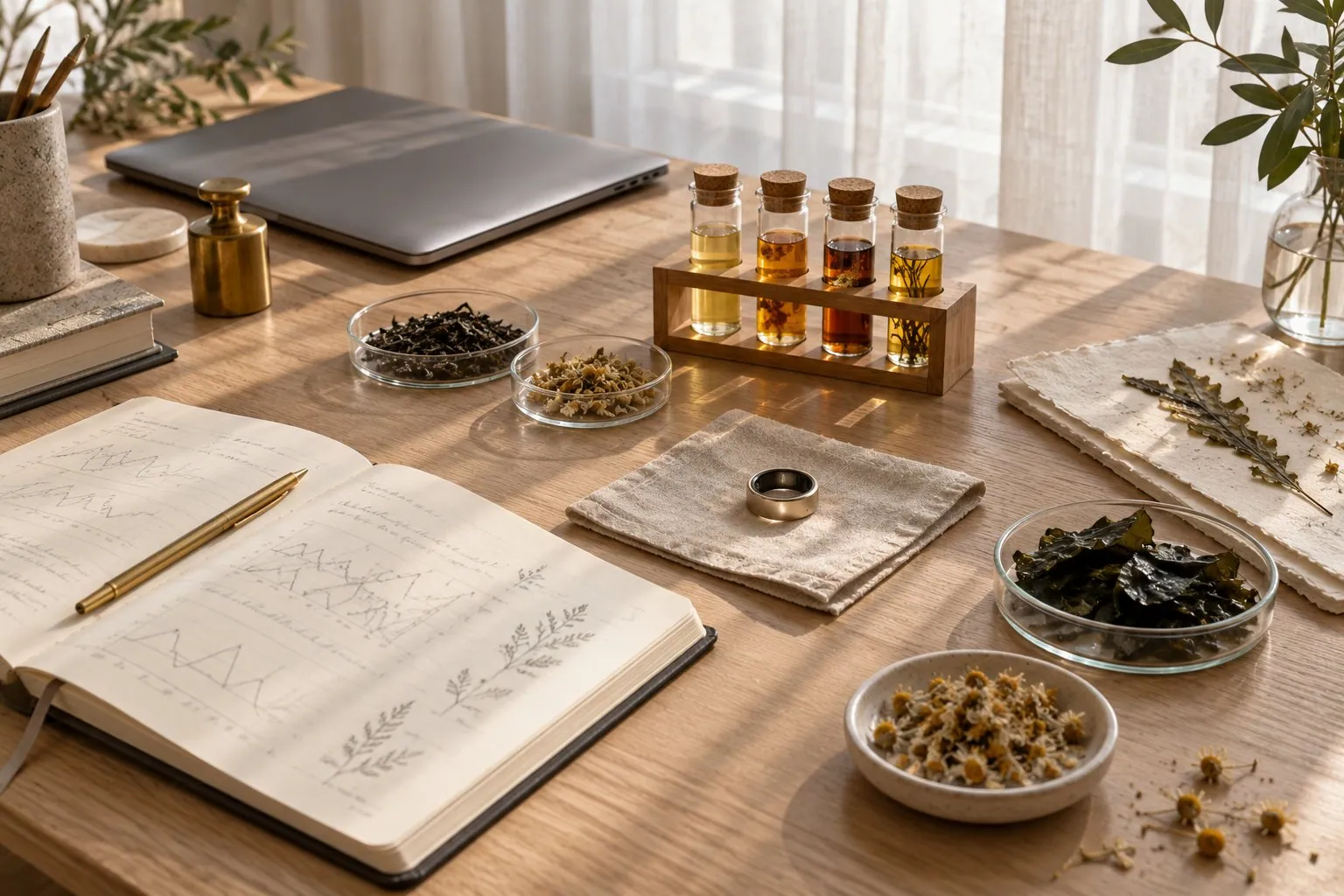 A table set up as a small research bench: a smart ring, a notebook with line graphs, vials of botanical extracts and dried herbs