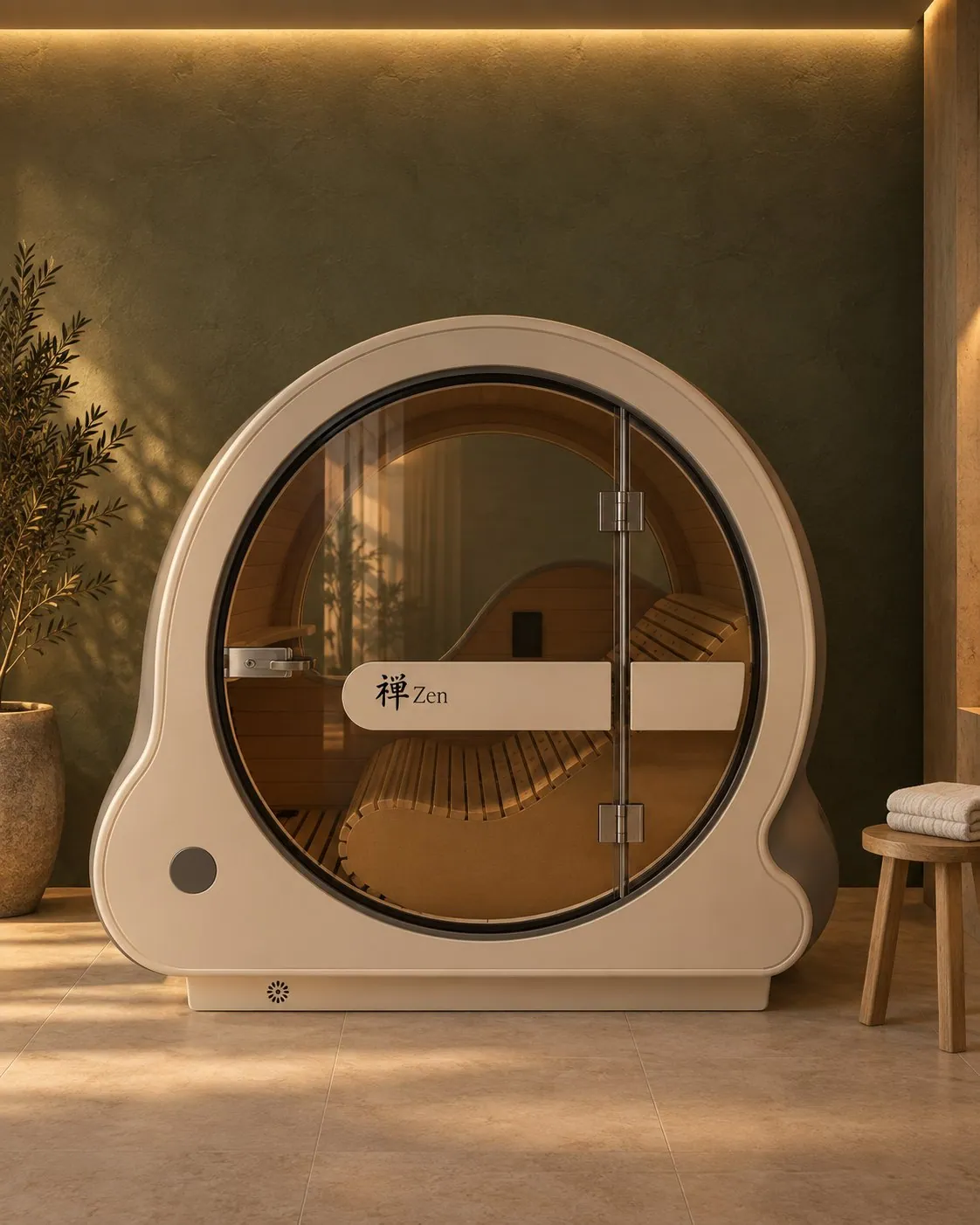The RecoveryPod, a rounded cabin with a glass door, in a calm room with a green wall; move closer and its warm amber light switches on