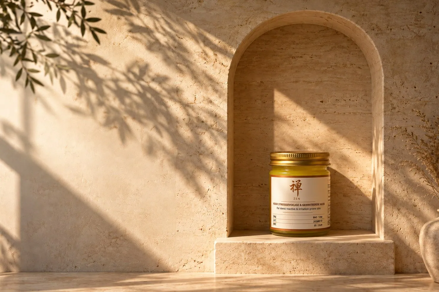 A jar of Zen Herbal Balm on the step of a sunlit stone niche