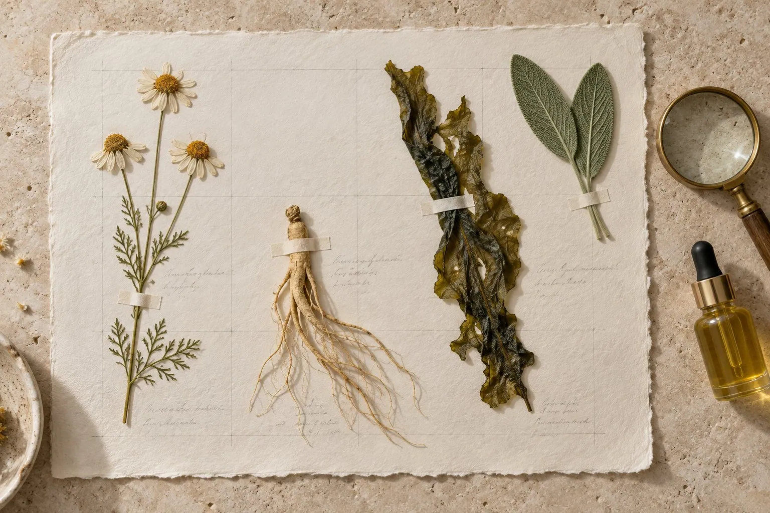 A herbarium sheet of pressed botanicals: chamomile, a ginseng root, seaweed and sage, with a brass loupe and a bottle of golden oil