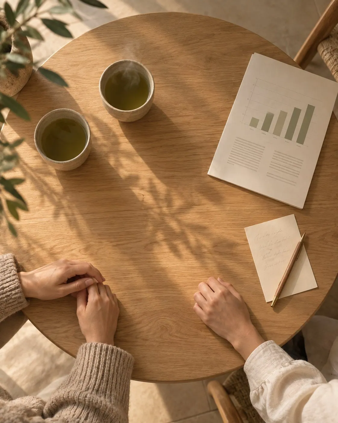 A consultation table from above: two cups of tea, a printed session report, a card with a pencil, and two people's hands resting