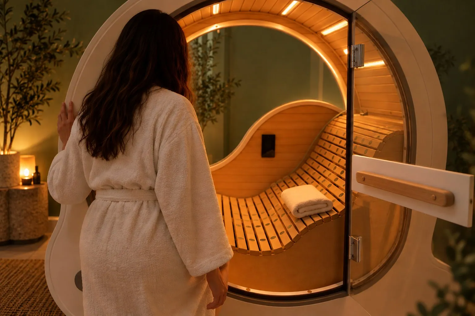 A guest in a robe stepping into the RecoveryPod, its wooden interior glowing warmly