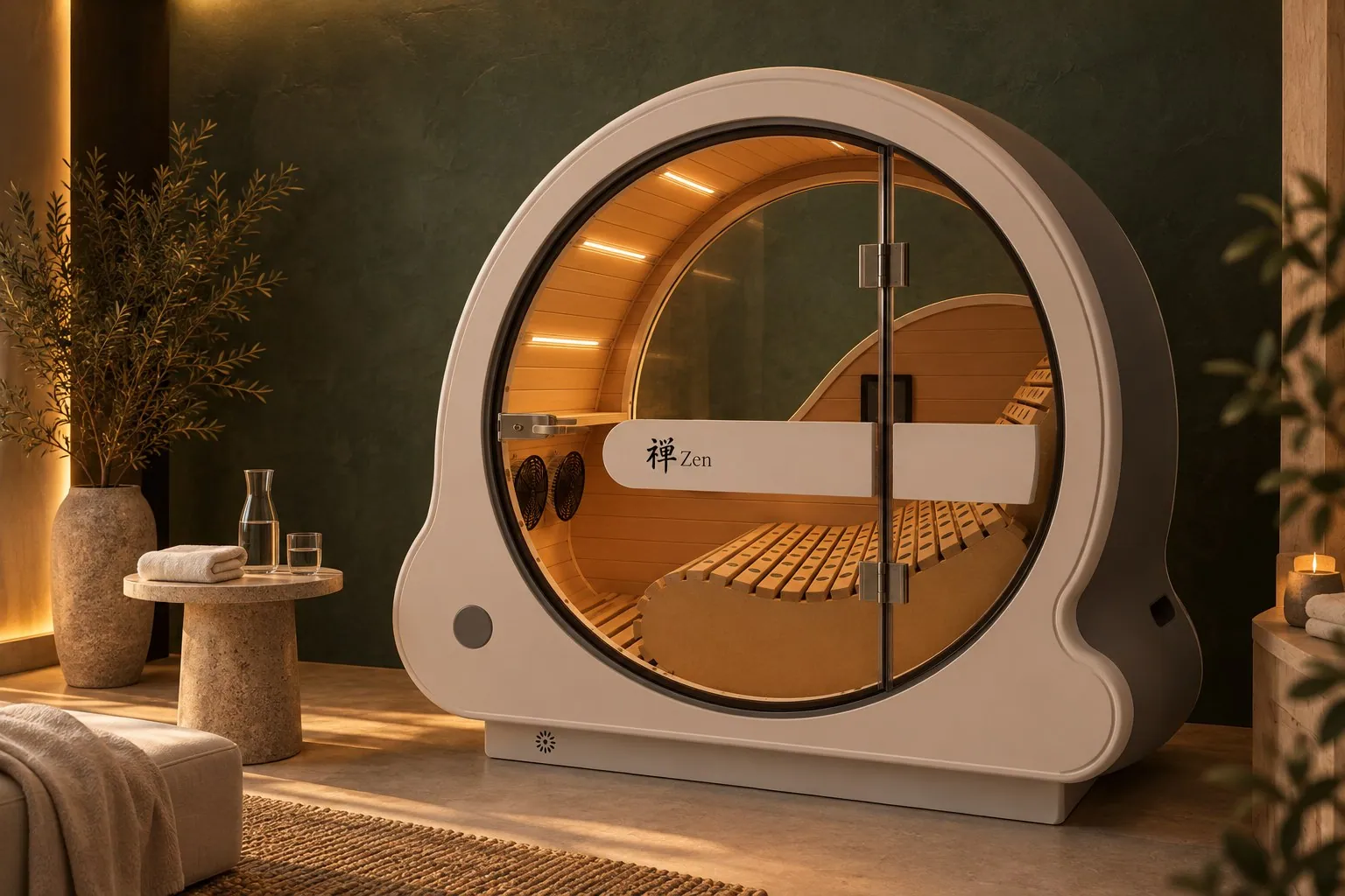 The RecoveryPod, a rounded cabin with a glass door and a warm wooden interior, in a calm room with a green wall