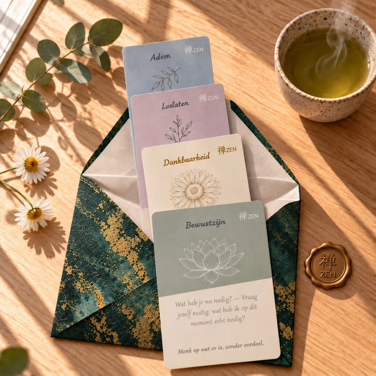 Mindful Cards Adem, Loslaten, Dankbaarheid and Bewustzijn fanned out below a green envelope with a wax seal