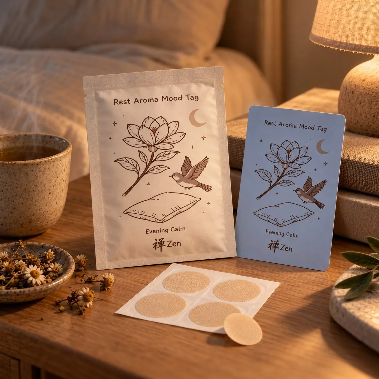 The Rest Aroma Mood Tag, Evening Calm: its pouch, card and a sheet of aroma patches on a bedside table in warm lamplight