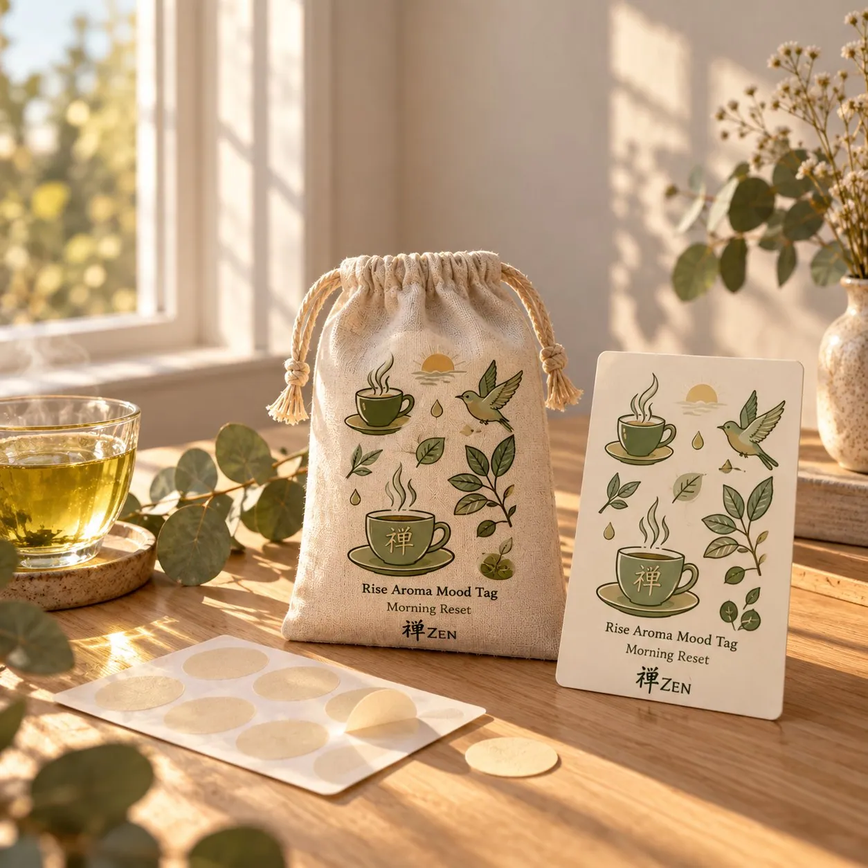 The Rise Aroma Mood Tag, Morning Reset: its pouch, card and a sheet of aroma patches on an oak table in the first morning sun, with green tea and eucalyptus