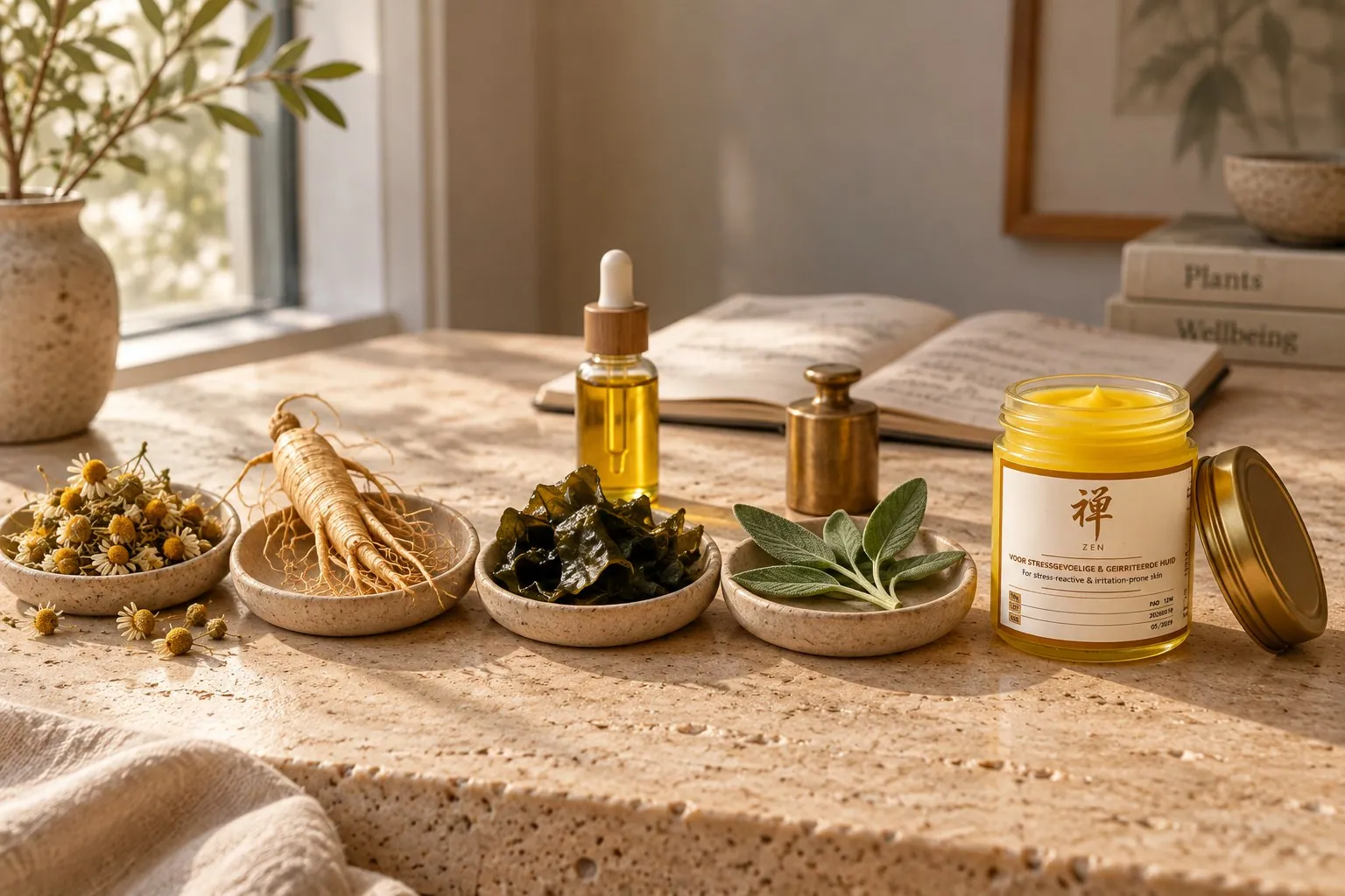 Chamomile, ginseng, seaweed and sage in small dishes beside a botanical oil and the open balm jar
