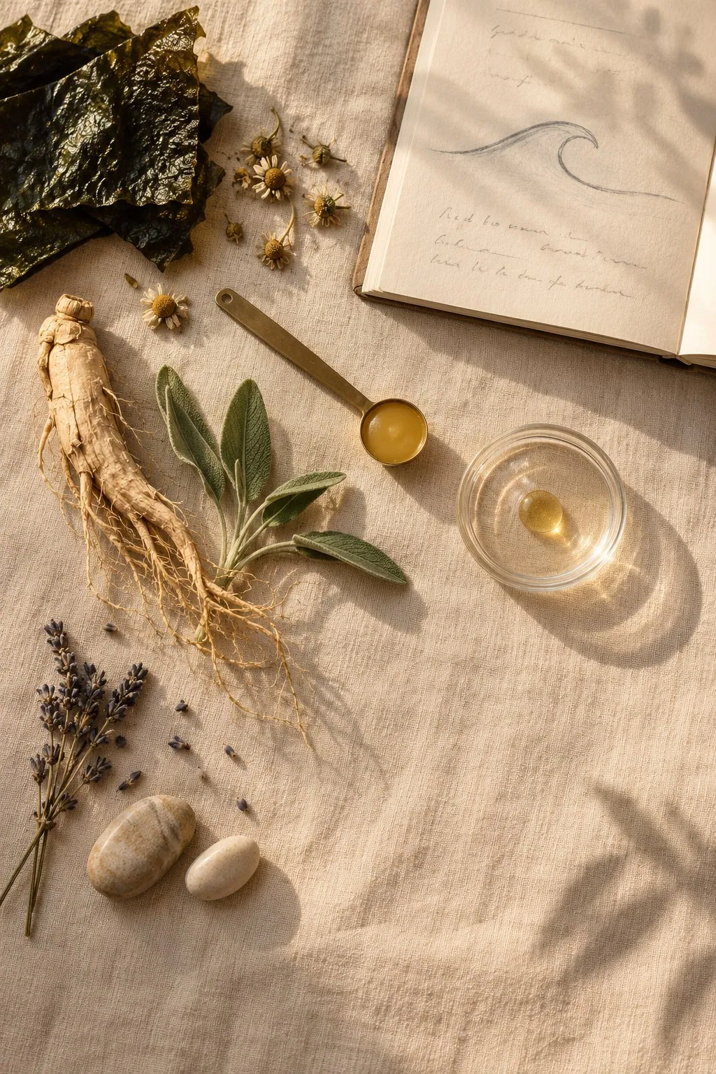 A flat lay on linen: dried seaweed, chamomile, ginseng root, sage, a brass spoon of balm, a drop of golden oil and an open notebook