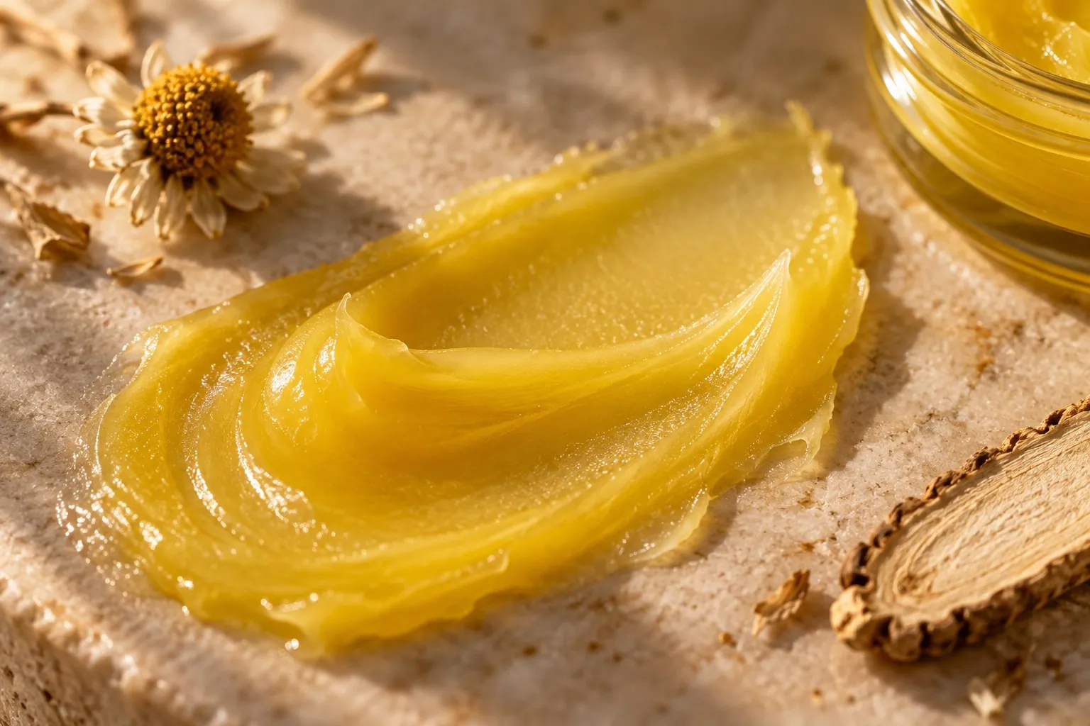 Close-up of golden herbal balm spread on stone beside the open jar, chamomile and ginseng